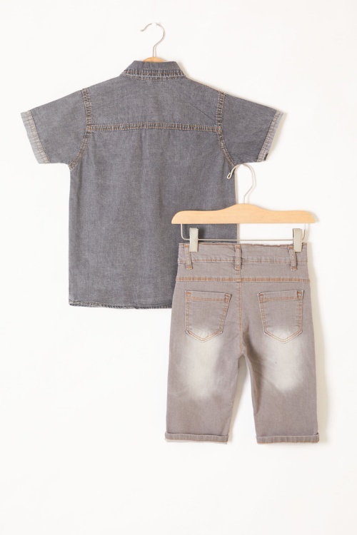 Füme Kısa Kol Gömlekli Şortlu Erkek Çocuk Jean Takım 19214