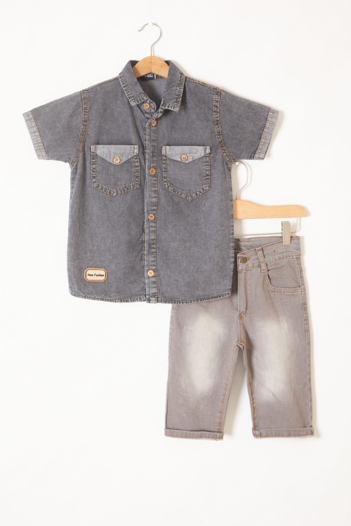 Füme Kısa Kol Gömlekli Şortlu Erkek Çocuk Jean Takım 19214