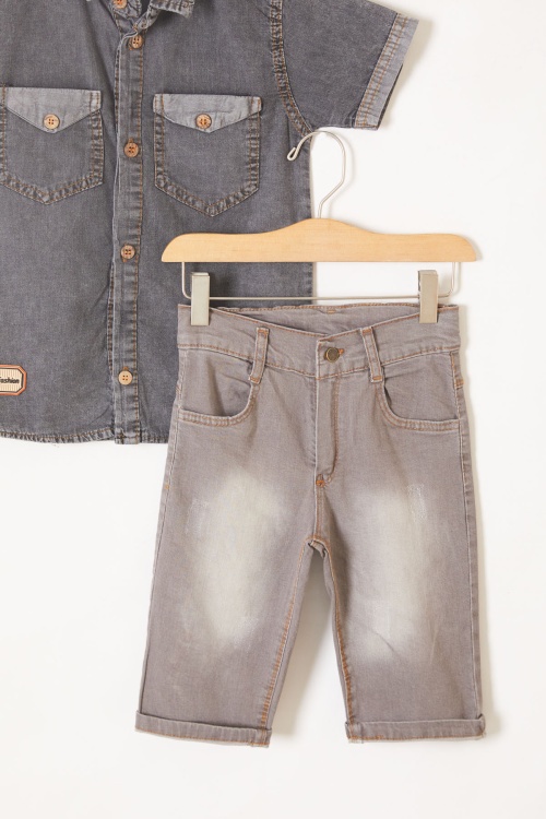 Füme Kısa Kol Gömlekli Şortlu Erkek Çocuk Jean Takım 19214