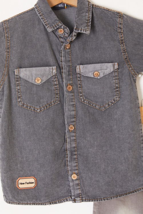 Füme Kısa Kol Gömlekli Şortlu Erkek Çocuk Jean Takım 19214