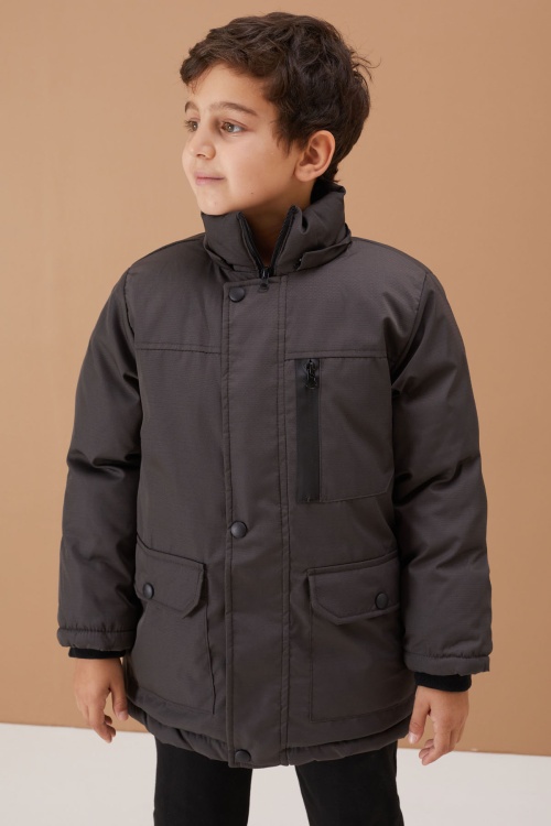 Füme Kürklü Kapüşonlu Fermuarlı Göğüs Cepli Erkek Çocuk Mont 19098