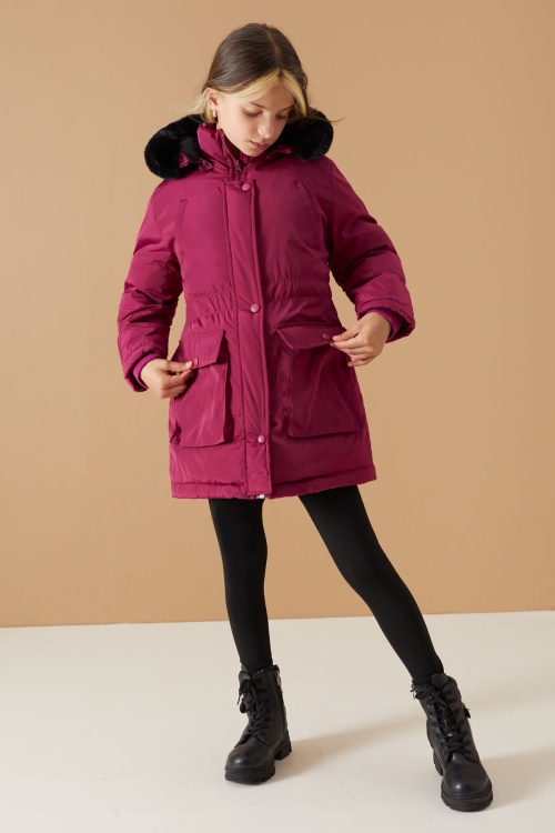 Fuşya Kapaklı Cepli Kız Çocuk Kapüşonlu Mont 19064