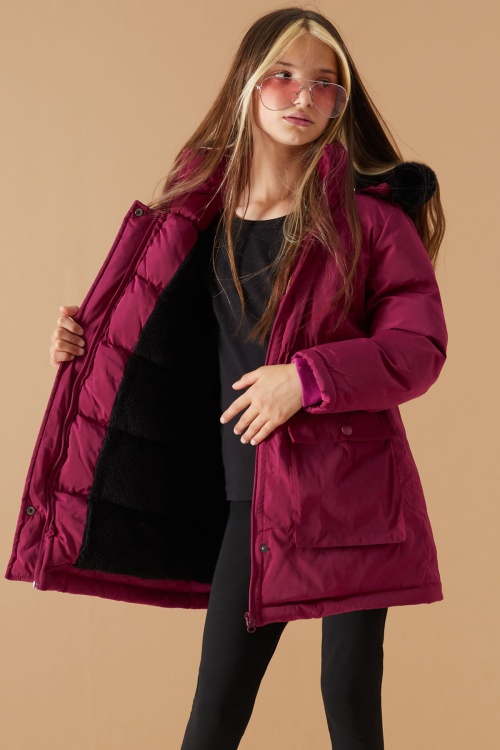 Fuşya Kapaklı Cepli Kız Çocuk Kapüşonlu Mont 19064