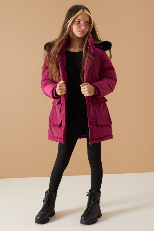Fuşya Kapaklı Cepli Kız Çocuk Kapüşonlu Mont 19064