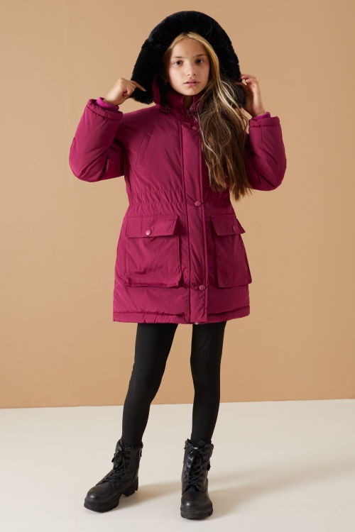 Fuşya Kapaklı Cepli Kız Çocuk Kapüşonlu Mont 19064