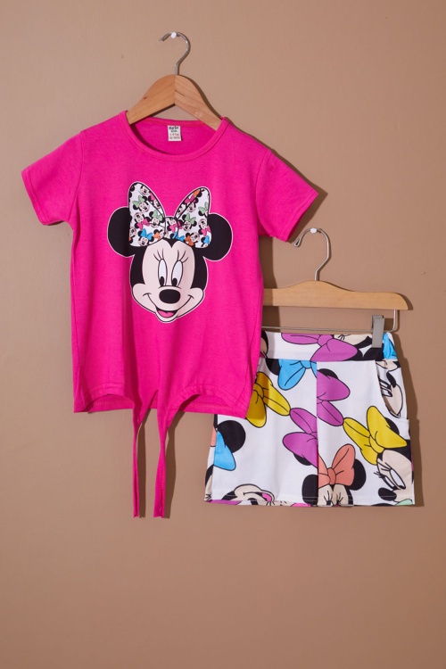 Fuşya Puantiyeli Fare Baskılı Kız Çocuk Şortlu Takım 19112