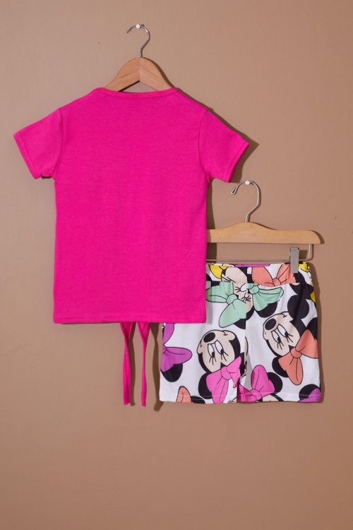 Fuşya Puantiyeli Fare Baskılı Kız Çocuk Şortlu Takım 19112