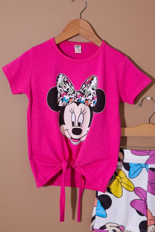 Fuşya Puantiyeli Fare Baskılı Kız Çocuk Şortlu Takım 19112