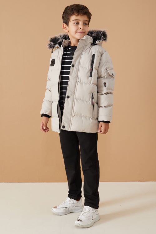 Gri Arma Detaylı Fermuar Cepli Erkek Çocuk Kürkü Kapşonlu Mont 19068