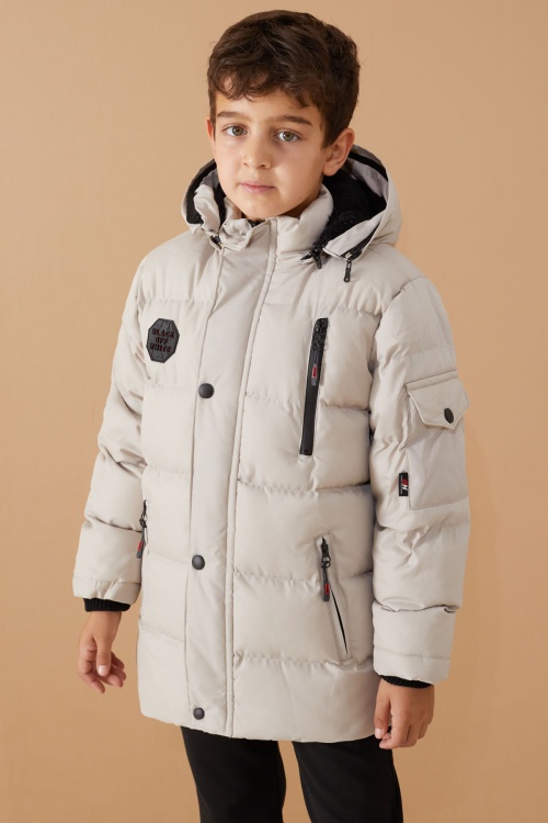 Gri Arma Detaylı Fermuar Cepli Erkek Çocuk Kürkü Kapşonlu Mont 19068