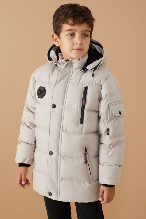 Gri Arma Detaylı Fermuar Cepli Erkek Çocuk Kürkü Kapşonlu Mont 19068