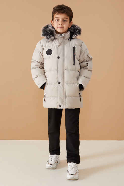 Gri Arma Detaylı Fermuar Cepli Erkek Çocuk Kürkü Kapşonlu Mont 19068