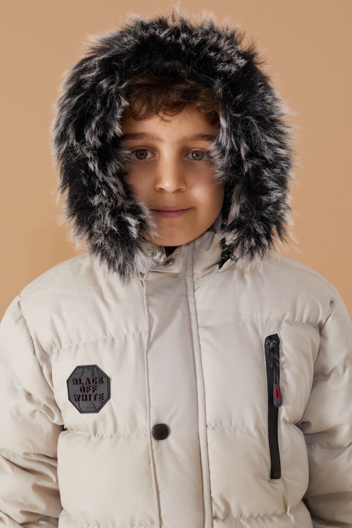 Gri Arma Detaylı Fermuar Cepli Erkek Çocuk Kürkü Kapşonlu Mont 19068