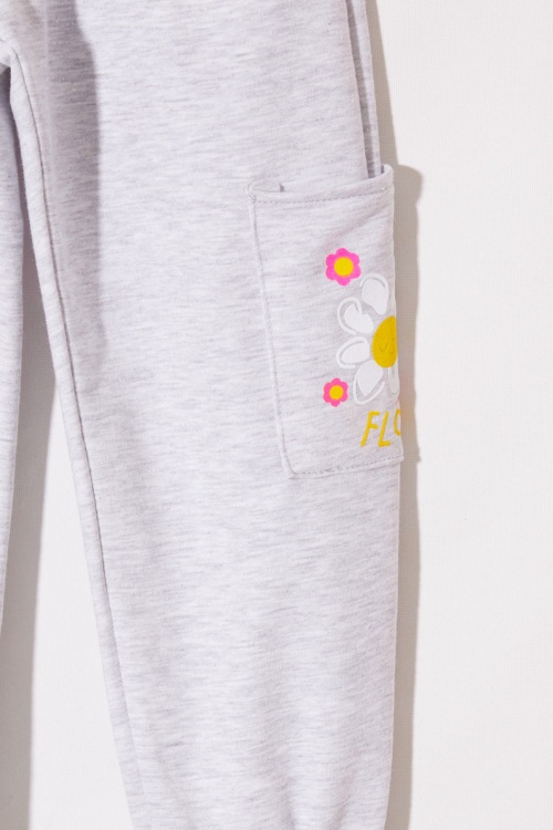 Gri Çiçek Baskılı Cepli Kız Çocuk Eşofman Altı 19024
