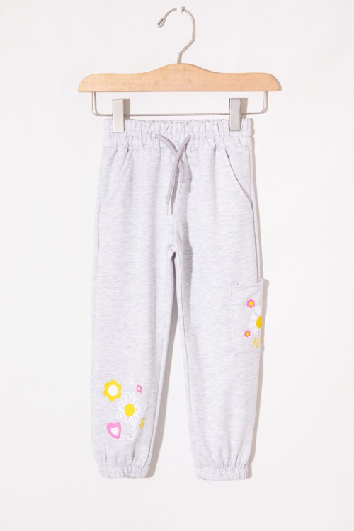 Gri Çiçek Baskılı Cepli Kız Çocuk Eşofman Altı 19024