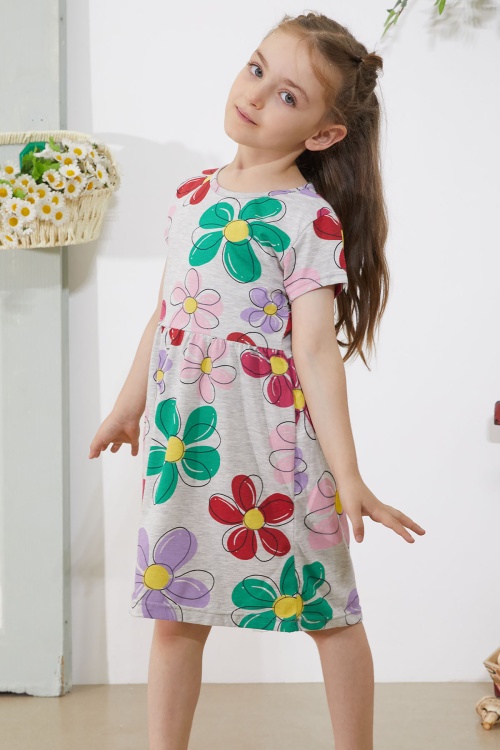Gri Çiçek Baskılı Kısa Kollu Kız Çocuk Elbise 18796