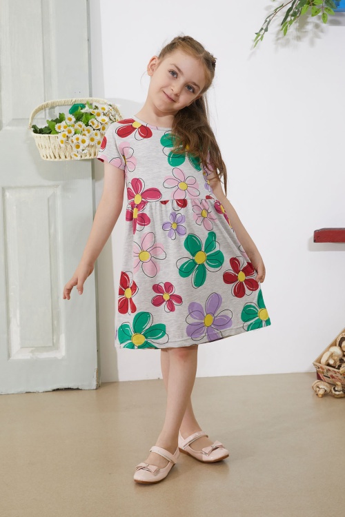 Gri Çiçek Baskılı Kısa Kollu Kız Çocuk Elbise 18796
