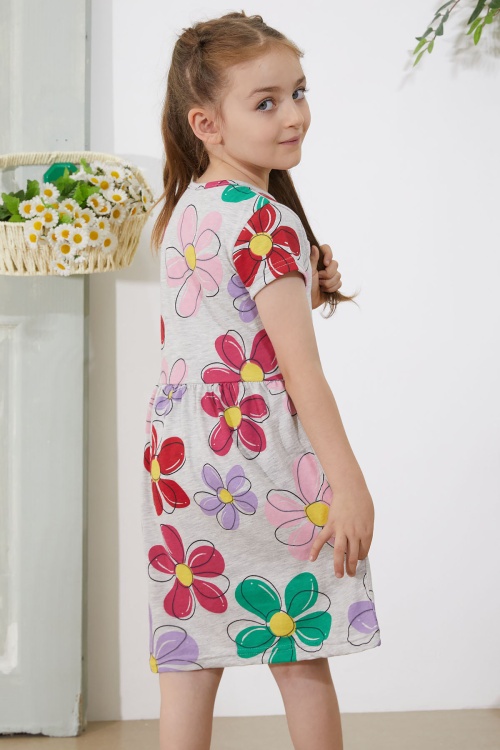Gri Çiçek Baskılı Kısa Kollu Kız Çocuk Elbise 18796