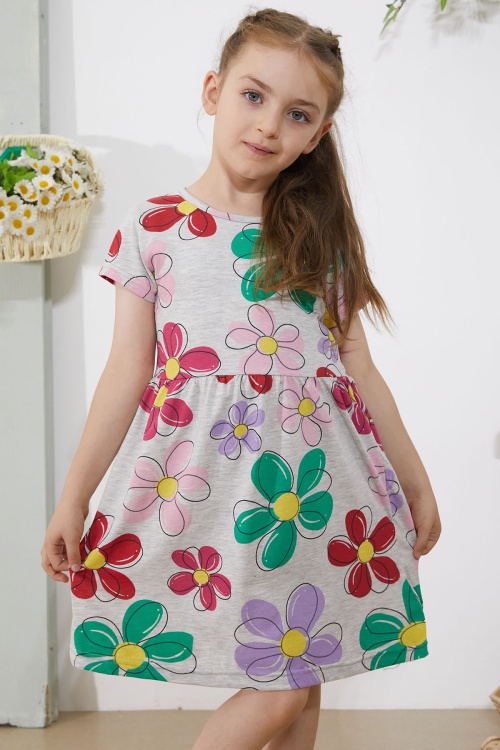 Gri Çiçek Baskılı Kısa Kollu Kız Çocuk Elbise 18796