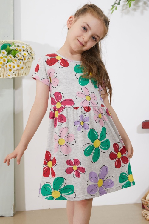Gri Çiçek Baskılı Kısa Kollu Kız Çocuk Elbise 18796