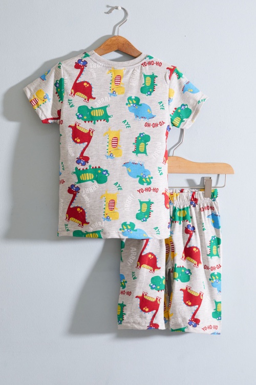 Gri Dino Baskılı Bisiklet Yaka Erkek Çocuk Şortlu Takım 19033