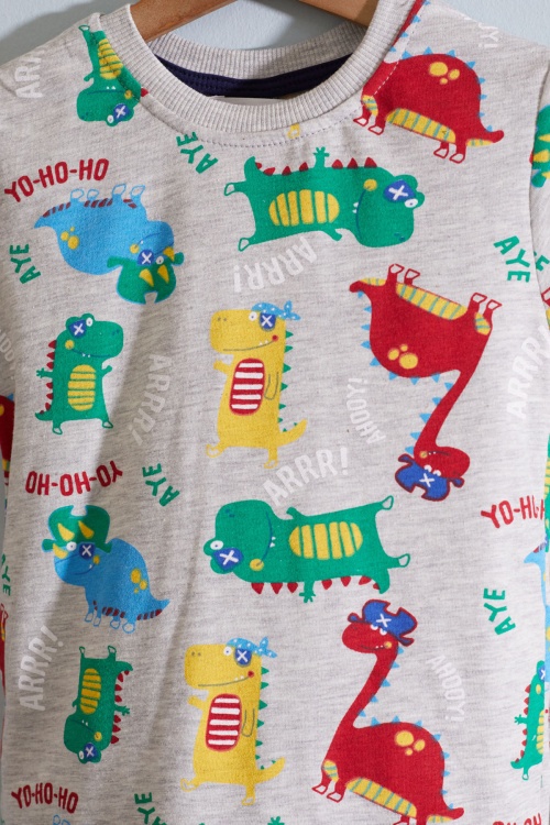 Gri Dino Baskılı Bisiklet Yaka Erkek Çocuk Şortlu Takım 19033