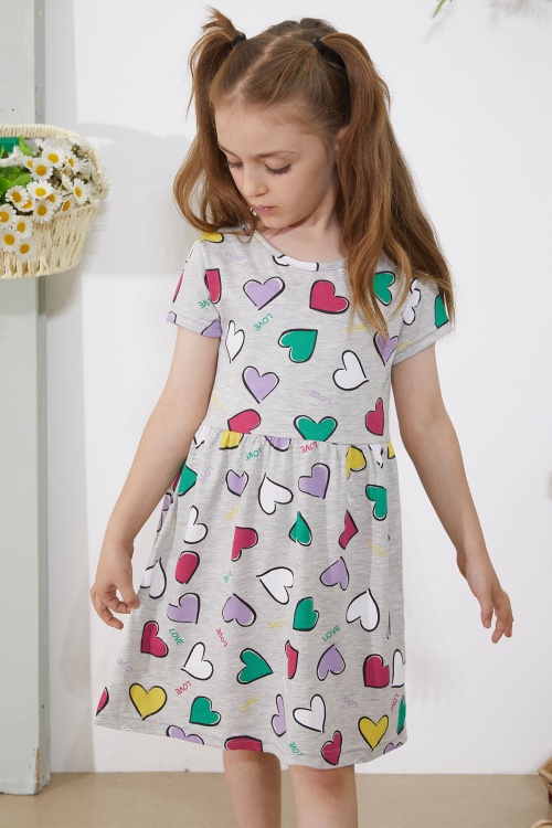 Gri Kalp Baskılı Kısa Kollu Kız Çocuk Elbise 18780