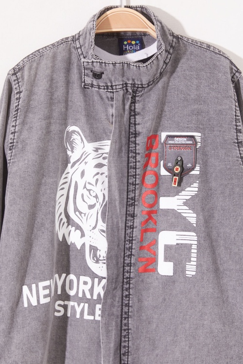 Gri Kaplan Baskılı Fermuarlı Jean Gömlekli Erkek Çocuk Takım 18980