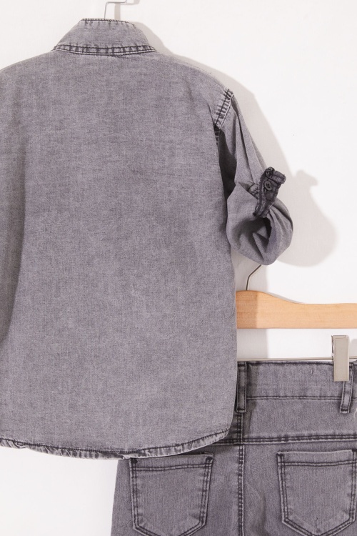 Gri Kaplan Baskılı Fermuarlı Jean Gömlekli Erkek Çocuk Takım 18980