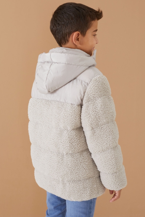 Gri Kapüşonlu Astarlı Erkek Çocuk Peluş Mont 19323