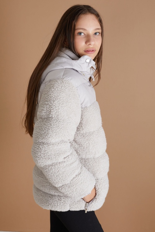 Gri Kapüşonlu Astarlı Kız Çocuk Peluş Mont 19319