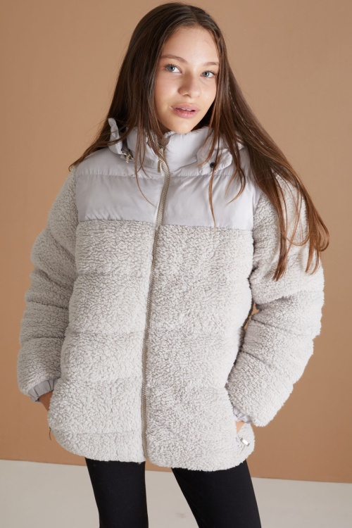 Gri Kapüşonlu Astarlı Kız Çocuk Peluş Mont 19319