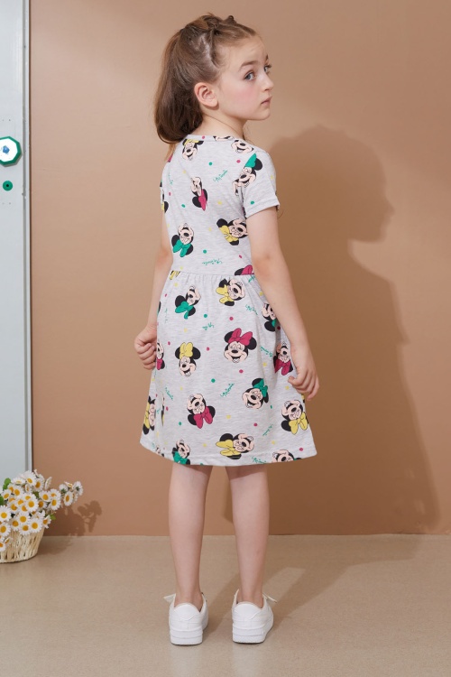 Gri Karakter Baskılı Kısa Kollu Kız Çocuk Yazlık Elbise 18991