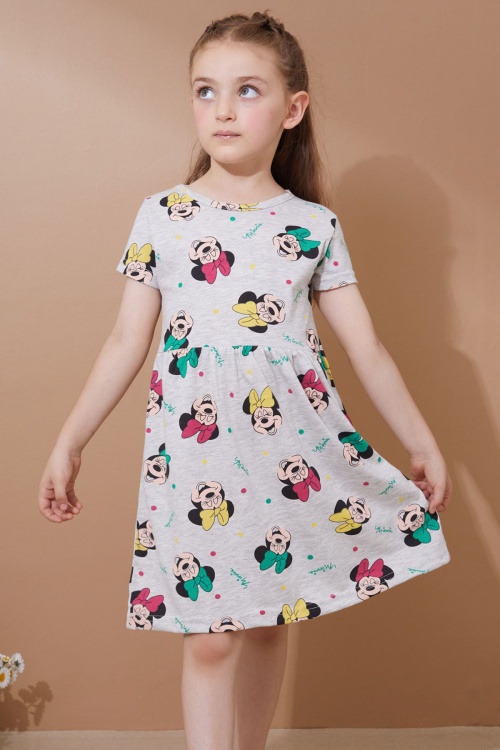 Gri Karakter Baskılı Kısa Kollu Kız Çocuk Yazlık Elbise 18991