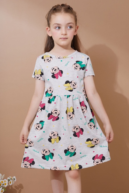 Gri Karakter Baskılı Kısa Kollu Kız Çocuk Yazlık Elbise 18991