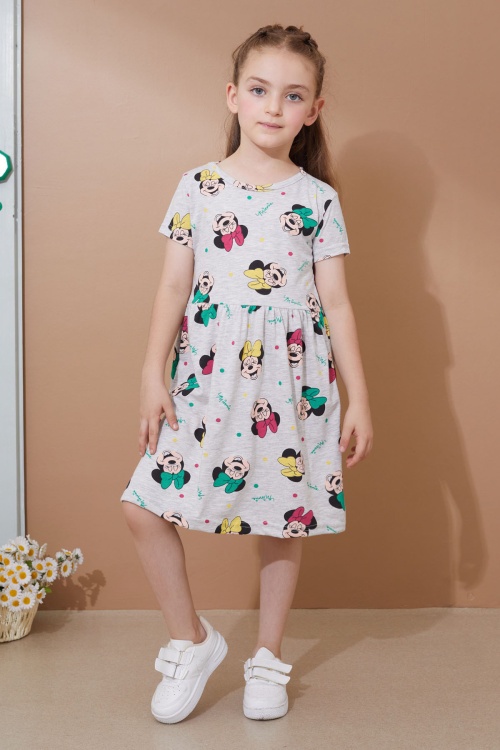 Gri Karakter Baskılı Kısa Kollu Kız Çocuk Yazlık Elbise 18991