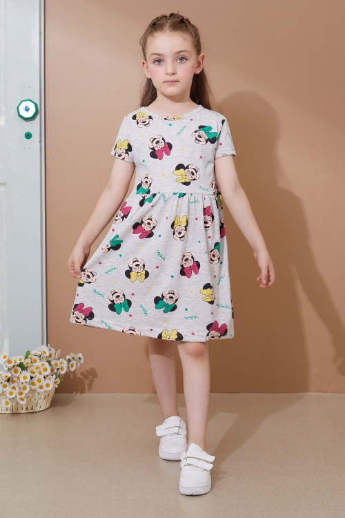 Gri Karakter Baskılı Kısa Kollu Kız Çocuk Yazlık Elbise 18991
