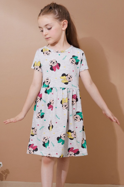 Gri Karakter Baskılı Kısa Kollu Kız Çocuk Yazlık Elbise 18991