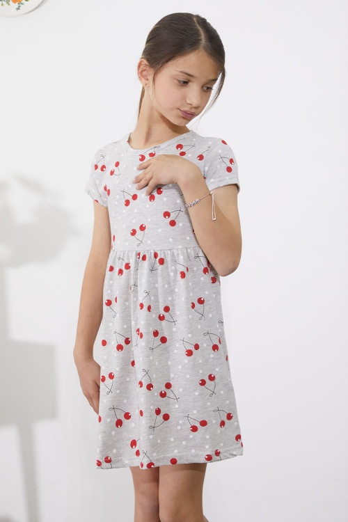 Gri Kiraz Baskılı Kısa Kollu Kız Çocuk Yazlık Elbise 18787
