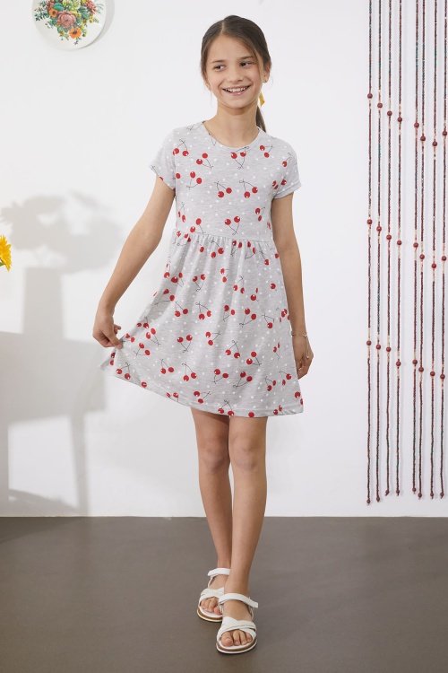 Gri Kiraz Baskılı Kısa Kollu Kız Çocuk Yazlık Elbise 18787