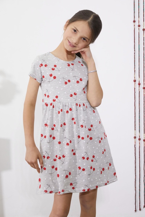 Gri Kiraz Baskılı Kısa Kollu Kız Çocuk Yazlık Elbise 18787