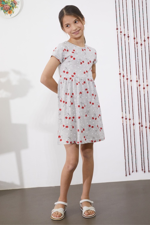 Gri Kiraz Baskılı Kısa Kollu Kız Çocuk Yazlık Elbise 18787