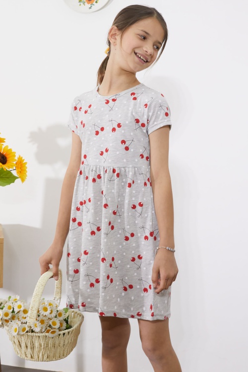 Gri Kiraz Baskılı Kısa Kollu Kız Çocuk Yazlık Elbise 18787