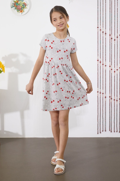 Gri Kiraz Baskılı Kısa Kollu Kız Çocuk Yazlık Elbise 18787