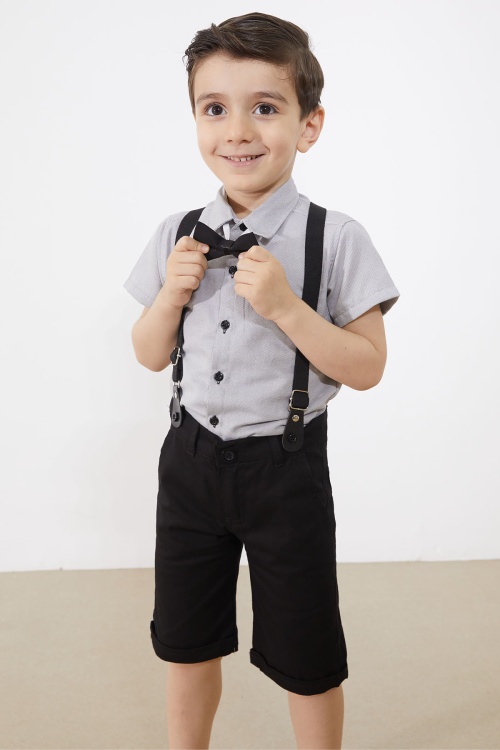 Gri Kısa Kol Gömlekli Papyonlu Erkek Çocuk Keten Şortlu Takım 18865