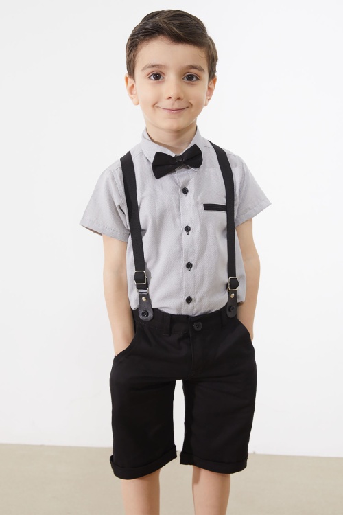 Gri Kısa Kol Gömlekli Papyonlu Erkek Çocuk Keten Şortlu Takım 18865