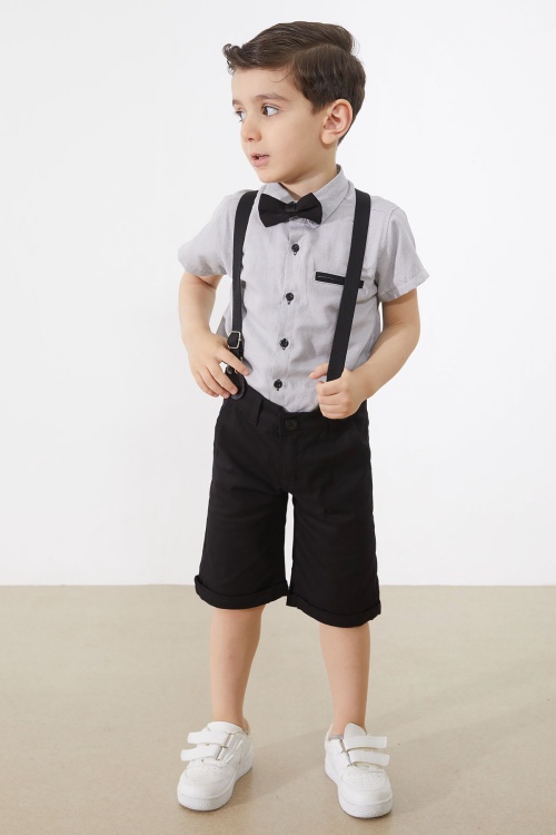 Gri Kısa Kol Gömlekli Papyonlu Erkek Çocuk Keten Şortlu Takım 18865