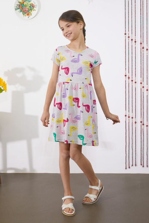 Gri Kuğu Baskılı Kısa Kollu Kız Çocuk Yazlık Elbise