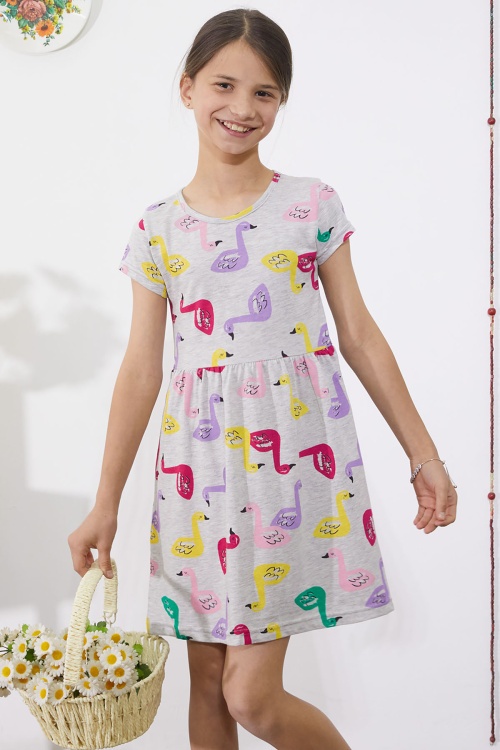 Gri Kuğu Baskılı Kısa Kollu Kız Çocuk Yazlık Elbise