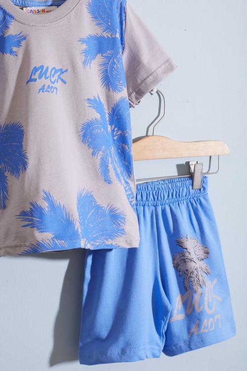 Gri Luck Yazı Baskılı Tişörtlü Erkek Çocuk Şortlu Takım 18841